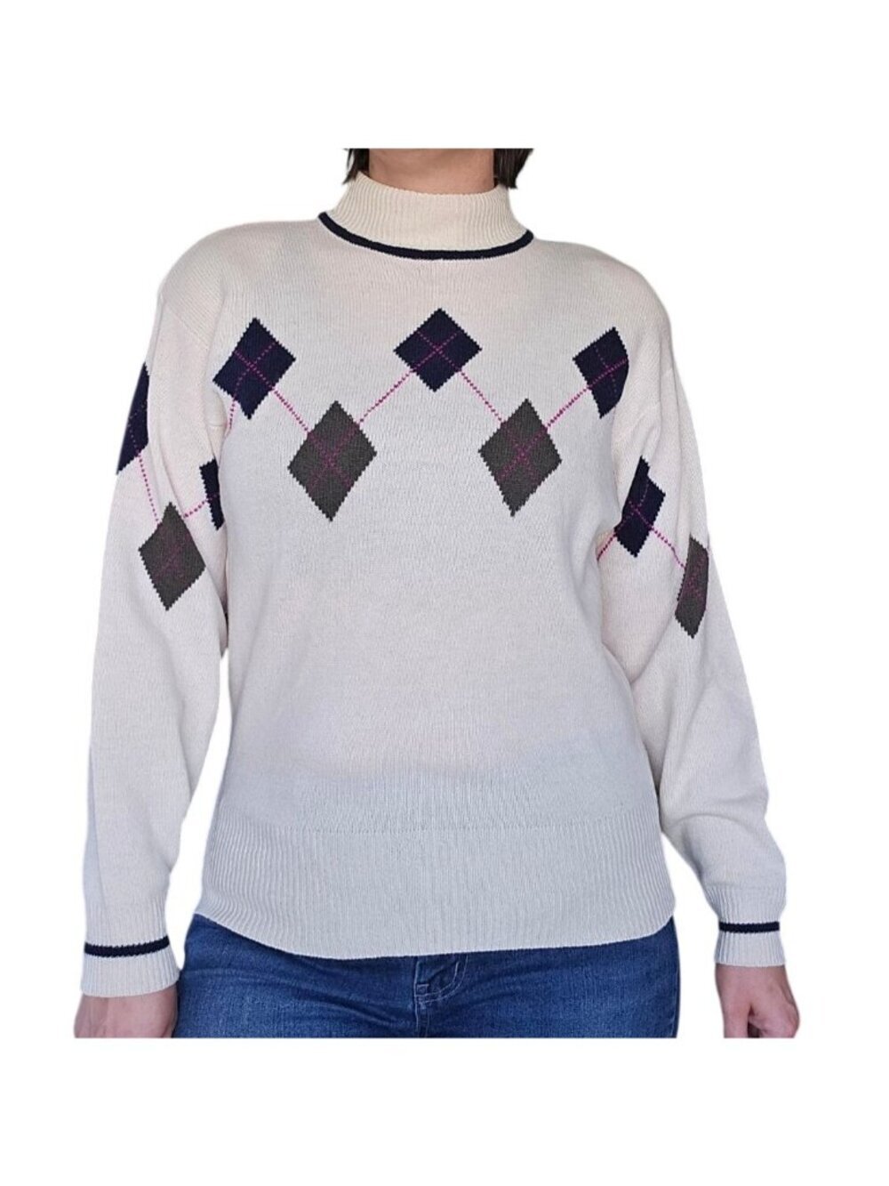 Vintage 90s Liz Claiborne Sport Off White Diamond Sweater Women Size L Lambswool